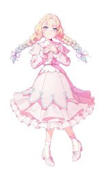 Rule 34 | 1girl, absurdres, blonde hair, blue eyes, braid, commentary request, dress, earrings, frilled sleeves, frills, full body, high heels, highres, jewelry, koiori, link! like! love live!, long hair, long sleeves, looking at viewer, love live!, milk (love live!), official alternate costume, official alternate hairstyle, osawa rurino, pink dress, socks, solo, twin braids, virtual youtuber, white background, white footwear, white socks