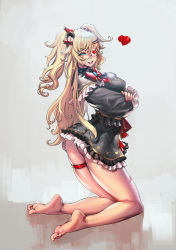 Rule 34 | 1girl, akai haato, akai haato (gothic lolita), aqua eyes, barefoot, blonde hair, bow, bridal garter, eyepatch, feet, flower, frilled skirt, frills, hair bow, hair flower, hair ornament, heart, highres, hololive, jeffr, kneeling, long hair, looking at viewer, looking back, messy hair, nail polish, open mouth, simple background, skirt, smile, solo, twintails, virtual youtuber
