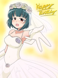 Rule 34 | 1girl, bare shoulders, blush, breasts, bridal veil, dress, elbow gloves, flower, gloves, gown, green hair, hair ornament, idolmaster, idolmaster (classic), jewelry, medium breasts, mole, mole under mouth, open mouth, otonashi kotori, outstretched arm, outstretched hand, red eyes, ring, short hair, smile, solo, veil, wagomu17, wedding dress