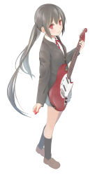 Rule 34 | 1girl, bad id, bad pixiv id, black hair, buttons, full body, guitar, highres, instrument, k-on!, loafers, long hair, long sleeves, looking at viewer, nakano azusa, nnyu, plectrum, red eyes, revision, ribbon, school uniform, shoes, simple background, skirt, smile, socks, solo, twintails