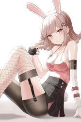 Rule 34 | 1girl, absurdres, animal ears, arm strap, bare shoulders, bike shorts, black shorts, black skirt, breasts, camisole, cleavage, closed mouth, collarbone, danganronpa (series), danganronpa 2: goodbye despair, earrings, elbow gloves, fake animal ears, fake tail, fishnet thighhighs, fishnets, from side, garter straps, gloves, hair ornament, high-waist skirt, highres, jewelry, looking at viewer, medium breasts, medium hair, miniskirt, monomi (danganronpa), nanami chiaki, pink camisole, pink eyes, pink hair, pixelated, pleated skirt, rabbit ears, rabbit tail, scrunchie, shadow, shirt tucked in, shorts, simple background, single thighhigh, sitting, skirt, smile, solo, spaceship hair ornament, spaghetti strap, tail, thighhighs, ueng, white background, wrist scrunchie