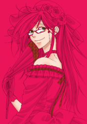 Rule 34 | 00s, 1boy, bare shoulders, bow, crossdressing, dress, glasses, gloves, grell sutcliff, hand fan, hat, kuroshitsuji, lowres, male focus, red hair, smile, solo, trap, yellow eyes
