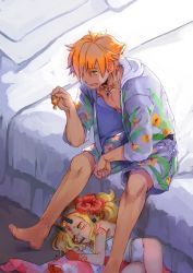 Rule 34 | 10s, 1boy, 1girl, bed sheet, blonde hair, candy, fate/extra, fate/grand order, fate (series), floral print, flower, food, food in mouth, green eyes, hibiscus, highres, horns, ibaraki douji (fate), ibaraki douji (fate/grand order), ibaraki douji (swimsuit lancer) (fate), ibaraki douji (swimsuit lancer) (second ascension) (fate), japanese clothes, jewelry, looking at another, looking down, lying, male swimwear, motoaki, necklace, on bed, on floor, on side, oni horns, orange hair, pillow, print male swimwear, print swim trunks, print swimsuit, robin hood (fate), robin hood (summer hunter) (fate), sad, sitting, swim trunks, swimsuit, tears, twintails, white male swimwear, white swim trunks, yellow eyes