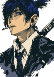 Rule 34 | 1boy, black eyes, black jacket, black necktie, black suit, blue hair, chainsaw man, cigarette, collared shirt, dress shirt, ear piercing, formal, hayakawa aki, high ponytail, highres, jacket, looking at viewer, male focus, mouth hold, my nameisyoon, necktie, piercing, shirt, short hair, short ponytail, simple background, sketch, solo, suit, upper body, weapon, weapon on back, white background, white shirt
