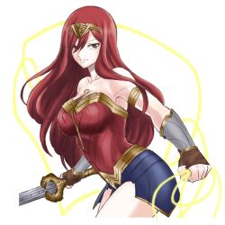 Rule 34 | 1girl, armlet, armor, breasts, brown eyes, cleavage, closed mouth, cosplay, cowboy shot, dc comics, erza scarlet, fairy tail, faulds, floating hair, hair between eyes, headband, holding, holding sword, holding weapon, large breasts, lisa (lisa lisa life), long hair, looking at viewer, red hair, simple background, sleeveless, smile, solo, standing, striped, sword, very long hair, weapon, white background, wonder woman, wonder woman (cosplay), wonder woman (series)