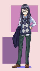 Rule 34 | &gt;:/, 1girl, :/, argyle, argyle clothes, argyle sweater, argyle sweater vest, black eyes, black hair, blush, braid, coat, collared shirt, dress shirt, full body, green pants, hand on own hip, haruko (halife), loafers, long hair, original, pants, shirt, shoes, solo, standing, sweater, sweater vest, twin braids, v-shaped eyebrows, white shirt, wing collar