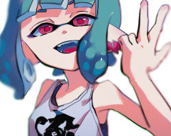 Rule 34 | 1girl, grey tank top, hand up, highres, inkling, inkling girl, inkling player character, looking at viewer, nintendo, open mouth, print shirt, red eyes, ritao kamo, shirt, short hair, simple background, smile, solo, splatoon (series), splatoon 2, tank top, upper body, w, white background