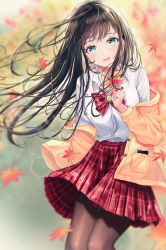 Rule 34 | 1girl, aqua eyes, black pantyhose, blurry, blurry background, blush, bow, bowtie, brown hair, collared shirt, hand up, highres, holding, holding leaf, kottungyang, leaf, long hair, looking at viewer, maple leaf, open mouth, orange shirt, original, pantyhose, plaid, plaid bow, plaid bowtie, plaid neckwear, plaid skirt, pleated skirt, red bow, red bowtie, red skirt, school uniform, shirt, skirt, smile, solo, standing, white shirt
