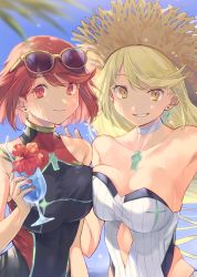 Rule 34 | 2girls, bare shoulders, beach, black one-piece swimsuit, blonde hair, blush, breasts, commentary request, competition swimsuit, covered navel, day, earrings, fujie-yz, gem, hair ornament, hat, headpiece, highres, jewelry, large breasts, long hair, looking at viewer, multiple girls, mythra (radiant beach) (xenoblade), mythra (xenoblade), one-piece swimsuit, pyra (pro swimmer) (xenoblade), pyra (xenoblade), red eyes, red hair, short hair, simple background, slit pupils, strapless, strapless one-piece swimsuit, swept bangs, swimsuit, tiara, xenoblade chronicles (series), xenoblade chronicles 2