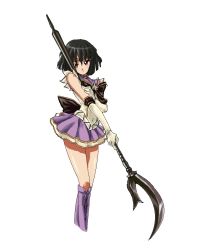Rule 34 | 1990s (style), 1girl, bishoujo senshi sailor moon, black bow, black hair, bob cut, boots, bow, brooch, choker, elbow gloves, fujimoto satoru, gloves, holding, holding polearm, holding spear, holding weapon, knee boots, magical girl, over shoulder, polearm, purple footwear, purple skirt, red eyes, retro artstyle, sailor moon musical, sailor saturn, sailor senshi uniform, short hair, silence glaive, skirt, solo, spear, staff, star brooch, tiara, tomoe hotaru, weapon, weapon over shoulder