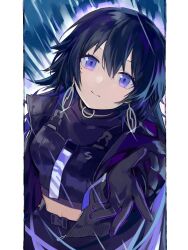 Rule 34 | 1girl, abstract background, black choker, black gloves, black hair, black jacket, black pants, black shirt, blue background, changjingliu ren ren, chinese commentary, choker, closed mouth, colored inner hair, commentary request, cowboy shot, cropped shirt, dutch angle, earrings, from above, glint, gloves, highres, hoop earrings, jacket, jewelry, kamitsubaki studio, koko (kamitsubaki studio), long hair, long sleeves, looking up, midriff, mole, mole under eye, multicolored hair, o-ring, o-ring choker, open clothes, open jacket, outstretched hand, pants, pillarboxed, purple eyes, purple hair, reaching, reaching towards viewer, shirt, smile, solo, virtual youtuber