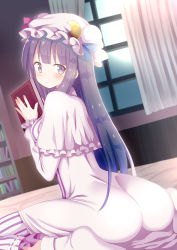 Rule 34 | 1girl, ass, bed, book, capelet, commentary request, crescent, crescent hair ornament, curtains, dress, givuchoko, hair ornament, hat, holding, holding book, long hair, long sleeves, looking at viewer, mob cap, patchouli knowledge, purple dress, purple eyes, purple hair, touhou, very long hair, window