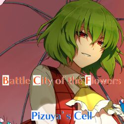 Rule 34 | album cover, ascot, blue sky, collared shirt, cover, english text, eyelashes, frilled ascot, frilled umbrella, frills, futoumeido, game cg, green hair, half-closed eyes, holding, holding umbrella, kazami yuuka, long sleeves, looking at viewer, official art, open mouth, parasol, plaid, plaid vest, red eyes, red vest, shirt, short hair, sky, smile, teeth, touhou, touhou cannonball, umbrella, upper body, vest, white shirt, yellow ascot