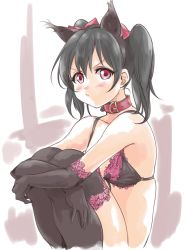 Rule 34 | 10s, 1girl, animal ears, black hair, bow, bra, cat ears, elbow gloves, gloves, hair bow, love live!, love live! school idol project, pout, red eyes, solo, tetopetesone, thighhighs, twintails, underwear, yazawa nico