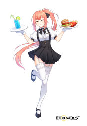 Rule 34 | 1girl, badge, black bow, black bowtie, black footwear, black skirt, blush, bow, bowtie, breasts, burger, center frills, closed eyes, closed mouth, closers, collared shirt, copyright name, cup, drink, drinking glass, drinking straw, facing viewer, floating hair, food, french fries, frills, frown, fruit, full body, furrowed brow, garter straps, gloves, hair bow, hands up, high-waist skirt, highres, holding, holding plate, ice, ice cube, lace, lace-trimmed thighhighs, leg up, lime (fruit), lime slice, logo, long hair, luna aegis (closers), mary janes, miniskirt, official art, orange hair, plate, pleated skirt, ponytail, puffy short sleeves, puffy sleeves, shirt, shoes, short sleeves, sidelocks, skirt, small breasts, solo, standing, standing on one leg, suspender skirt, suspenders, sweat, tachi-e, thighhighs, underbust, very long hair, waitress, white background, white gloves, white shirt, white thighhighs, zettai ryouiki