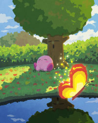 Rule 34 | bug, butterfly, closed eyes, cloud, day, glowing, grass, highres, insect, kirby, kirby (series), miclot, morpho knight, nature, nintendo, no humans, on grass, outdoors, reflection, reflective water, scenery, shadow, sky, sleeping, tree, water, whispy woods