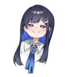 Rule 34 | 1girl, black hair, blue eyes, blue hair, blue ribbon, blush, brooch, cevio, closed mouth, colored inner hair, commentary request, cropped shoulders, futaba minato, hair ornament, hairclip, half-closed eyes, jewelry, long hair, looking at viewer, multicolored hair, neck ribbon, ribbon, simple background, smile, solo, white background, yoimiya (miya yoim)