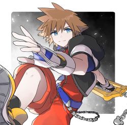 Rule 34 | 1boy, blue eyes, brown hair, fingerless gloves, gloves, highres, jewelry, jyaco sk1130, keyblade, kingdom hearts, kingdom hearts i, looking at viewer, male focus, necklace, nintendo, short hair, simple background, smile, solo, sora (kingdom hearts), spiked hair, super smash bros., weapon