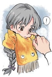 Rule 34 | !, 1girl, blush, braid, braided ponytail, breath, brown eyes, calcifer, closed mouth, cropped shoulders, grey hair, highres, howl (howl no ugoku shiro), howl no ugoku shiro, jewelry, long hair, looking at another, looking down, looking up, objectification, orange scarf, out of frame, poking nose, rikaco1988, ring, scarf, single braid, solo focus, sophie (howl no ugoku shiro), spoken exclamation mark