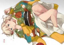 Rule 34 | 1girl, blonde hair, blue eyes, floral print, gradient background, green kimono, hair ornament, japanese clothes, kantai collection, kimono, long sleeves, lying, makio (makiomeigenbot), on back, parted lips, ponytail, sash, shadow, shin&#039;you (kancolle), signature, simple background, solo, tabi, white legwear, wide sleeves