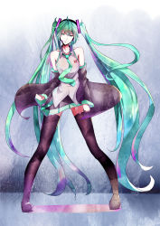 Rule 34 | 1girl, absurdres, aqua eyes, aqua hair, black thighhighs, detached sleeves, full body, hatsune miku, headset, highres, legs apart, long hair, mike.zen, necktie, solo, thighhighs, thighs, twintails, vocaloid, wide stance