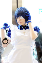 Rule 34 | 1girl, apron, asian, blue eyes, blue gloves, blue hair, collar, color contacts, cosplay, cross, cuffs, eyepatch, gloves, handcuffs, highres, ikkitousen, looking at viewer, maid, maid apron, namada, photo (medium), puffy short sleeves, puffy sleeves, ryomou shimei, ryomou shimei (cosplay), short sleeves, solo, standing