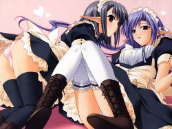 Rule 34 | 00s, 2girls, :d, ai (tick! tack!), all fours, ass, bent over, black hair, black legwear, blush, boots, female focus, hair ribbon, heart, highres, lace, lace-trimmed legwear, lace trim, looking at viewer, maid, maid headdress, multiple girls, open mouth, panties, pantyshot, parted lips, pink panties, pointy ears, purple hair, red eyes, ribbon, sage (tick! tack!), shuffle!, sitting, smile, striped clothes, striped panties, suzuhira hiro, thighhighs, underwear, white legwear