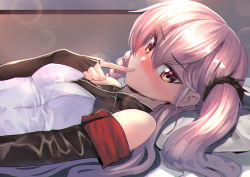 Rule 34 | 1girl, alternate costume, black bodysuit, black gloves, blush, bodysuit, braid, breasts, brown eyes, chung cthemax, dress, elbow gloves, finger to mouth, fingerless gloves, girls&#039; frontline, gloves, hair between eyes, hair ornament, hairclip, hexagram, highres, long hair, looking at viewer, lying, negev (girls&#039; frontline), on back, on bed, one side up, partial bodysuit, pillow, pink hair, ribbon, side braid, small breasts, solo, star of david, strapless, strapless dress, upper body, white dress