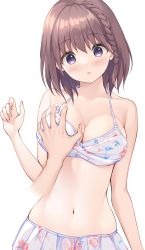 Rule 34 | 1boy, 1girl, :o, animal print, bare arms, bare shoulders, bikini, blush, braid, grabbing another&#039;s breast, breasts, brown hair, commentary request, disembodied hand, fish print, grabbing, hair between eyes, hand up, hetero, highres, looking at viewer, medium breasts, navel, original, parted lips, partial commentary, pasdar, print bikini, purple eyes, simple background, single braid, solo focus, swimsuit, white background, white bikini