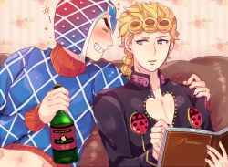 Rule 34 | 2boys, alcohol, arrow (projectile), bad id, bad pixiv id, blonde hair, blue eyes, book, bottle, braid, bug, cleavage cutout, clothing cutout, couch, giorno giovanna, guido mista, hat, insect, jojo no kimyou na bouken, kisaki nana, ladybug, long sleeves, male focus, midriff, multiple boys, pectoral cleavage, pectorals, sitting, turtleneck, vento aureo, wine