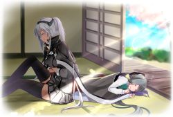 Rule 34 | 2girls, ahoge, black gloves, black legwear, blush, bow, bowtie, breasts, bubble, bush, capelet, cherry blossoms, closed mouth, collar, commentary request, crossed arms, cuff links, dark-skinned female, dark skin, dress, glasses, gloves, grey hair, hair between eyes, hair ribbon, halterneck, headgear, kantai collection, kikumon, kiyoshimo (kancolle), large breasts, light particles, light rays, long hair, long sleeves, low twintails, military, military uniform, miniskirt, multicolored hair, multiple girls, musashi (kancolle), musashi kai ni (kancolle), open door, pleated skirt, pointy hair, red eyes, ribbon, school uniform, shirt, short hair with long locks, sitting, skirt, sleeping, sliding doors, smile, tatami, thighhighs, tree, twintails, two side up, uniform, veranda, very long hair, white hair, white shirt, yunamaro