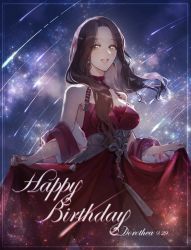 Rule 34 | 1girl, bare shoulders, black t t, breasts, brown hair, character name, commentary request, dated, dorothea arnault, dress, earrings, english text, fire emblem, fire emblem: three houses, floating hair, forehead, green eyes, happy birthday, highres, jewelry, large breasts, lips, long hair, looking at viewer, night, night sky, nintendo, open mouth, pink lips, red dress, shooting star, skirt hold, sky, sleeveless, sleeveless dress, smile, solo, star (sky), teeth, twitter username, upper teeth only