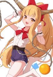 Rule 34 | 1girl, alternate hairstyle, blue skirt, blush, bow, buttons, chain, fang, hair bow, highres, horns, ibuki suika, long hair, oeyama, oni horns, open mouth, orange eyes, orange hair, ponytail, red bow, shirt, simple background, skin fang, skirt, smile, solo, thighhighs, torn clothes, torn sleeves, touhou, white background, white shirt, white thighhighs, wrist cuffs