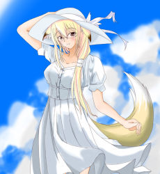 Rule 34 | 1girl, animal ears, blonde hair, cloud, day, dress, fox ears, fox tail, glasses, hat, long hair, non-web source, red eyes, see-through silhouette, sky, smile, solo, sundress, tail