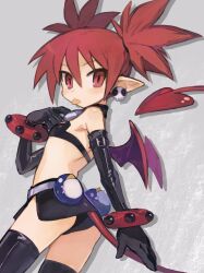 Rule 34 | 1girl, :p, ass, black gloves, black panties, black skirt, black thighhighs, blush, choker, commentary, cowboy shot, demon girl, demon tail, demon wings, disgaea, diszkr2, earrings, elbow gloves, etna (disgaea), flat chest, gloves, grey background, highres, jewelry, looking at viewer, looking back, microskirt, o-ring, o-ring choker, panties, pointy ears, red eyes, red hair, red tail, red wings, skirt, skull earrings, solo, tail, thighhighs, tongue, tongue out, underwear, wings