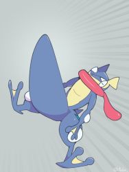 Rule 34 | boke-chan, creatures (company), expressionless, full body, game freak, gen 6 pokemon, greninja, looking up, nintendo, no humans, pokemon, pokemon (creature), sexually suggestive, simple background, solo, twitter username, what