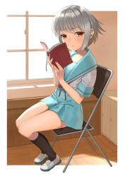Rule 34 | 1girl, alternate hair color, black socks, blue sailor collar, blue skirt, book, border, brown eyes, chair, commentary request, folding chair, full body, grey hair, highres, holding, holding book, indoors, kita high school uniform, kneehighs, looking at viewer, looking to the side, nagato yuki, reading, red ribbon, ribbon, sailor collar, school uniform, serafuku, shadow, shoes, short hair, short sleeves, sitting, skirt, socks, solo, summer uniform, suzumiya haruhi no yuuutsu, takumi11, thighs, uwabaki, white border, white footwear, window