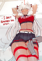 Rule 34 | 1girl, @ @, animal ear fluff, animal ears, armpits, arms behind head, arms up, bdsm, belt, black panties, black skirt, bondage, bound, breasts, clothes writing, collar, commentary, crop top, dark-skinned female, dark skin, disembodied limb, drooling, ehrrr, english commentary, english text, fangs, flower, fox ears, fox girl, fox tail, from below, hair flower, hair ornament, heavy breathing, highres, large breasts, long hair, looking at viewer, midriff, orange eyes, original, panties, pantyshot, parted lips, pleated skirt, rope, skirt, smile, solo focus, tail, tail wagging, thighs, twintails, underwear, white hair