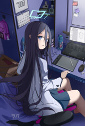 Rule 34 | 1girl, :o, aris (blue archive), doodle sensei (blue archive), backpack, bag, black hair, blue archive, blue eyes, blue skirt, bottle, calendar (object), chair, clock, commentary request, computer, desk, digital clock, drawing tablet, feet out of frame, hair between eyes, halo, highres, indoors, lab coat, laptop, long hair, long sleeves, looking at viewer, looking to the side, mouse (computer), mousedic07, office chair, on chair, open clothes, parted lips, pleated skirt, sensei (blue archive), sitting, skirt, solo, stylus, swivel chair, teruterubouzu, translation request, very long hair, water bottle