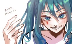 Rule 34 | 1girl, absurdres, aqua eyes, aqua hair, collarbone, commentary, dated, facial tattoo, fingernails, gang attack (vocaloid), grin, hand up, hatsune miku, highres, long hair, looking at viewer, sharp teeth, simple background, smile, solo, sunwestmt, tagme, tattoo, teeth, translated, twintails, upper body, vocaloid, white background