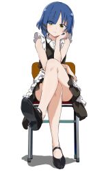 Rule 34 | 1girl, alternate costume, apron, bare arms, bare legs, black dress, blue hair, bocchi the rock!, chair, crossed legs, dress, elbow rest, enmaided, frills, full body, hair ornament, hairclip, head rest, highres, looking at viewer, maid, maid apron, mole, mole under eye, rauto, shoe soles, shoes, short hair, simple background, sitting, solo, thighs, white background, yamada ryo, yellow eyes