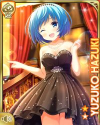 Rule 34 | 1girl, :d, bare arms, bare shoulders, black dress, black headwear, blue eyes, blue hair, breasts, card (medium), character name, cleavage, dress, girlfriend (kari), hazuki yuzuko, indoors, jewelry, mansion, necklace, night, official art, one eye closed, open mouth, qp:flapper, shoes, short hair, smile, solo, standing, tagme, tiara, wink