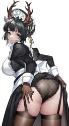 Rule 34 | 1girl, absurdres, animal ears, antlers, apron, arknights, ass, black eyes, black hair, black panties, black thighhighs, blush, bonnet, bow, braid, breasts, brown gloves, closed mouth, clothes lift, commentary, cowboy shot, deer ears, dress, dress lift, from behind, gaosu gong lu, garter straps, gloves, heart, heart print, highres, horns, juliet sleeves, lace, lace-trimmed panties, lace trim, large breasts, lifted by self, lips, long sleeves, looking at viewer, looking back, maid, maid apron, maid headdress, official alternate costume, panties, print panties, puffy sleeves, short hair, simple background, smile, solo, thighhighs, thighs, tsukinogi (arknights), tsukinogi (londinium style miko) (arknights), underwear, white background, white bow