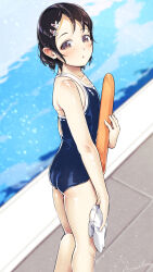 Rule 34 | 1girl, :o, ass, black hair, blue one-piece swimsuit, blush, collarbone, feet out of frame, flat chest, hair ornament, hairclip, hat, highres, holding, holding clothes, holding hat, idolmaster, idolmaster cinderella girls, kickboard, looking at viewer, looking to the side, maremay0513, one-piece swimsuit, pool, poolside, sasaki chie, school swimsuit, short hair, signature, solo, swim cap, swimsuit, unworn hat, unworn headwear, water drop, wet, wet hair