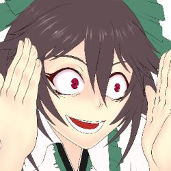 Rule 34 | 1girl, black hair, bow, green bow, hair between eyes, hair bow, lautaro, lowres, meme, open mouth, red eyes, reiuji utsuho, simple background, solo, teeth, touhou, white background