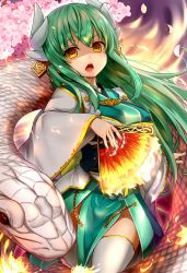 Rule 34 | 1girl, cherry blossoms, chiroshiron, earrings, fate/grand order, fate (series), floating hair, green hair, green kimono, hair between eyes, hand fan, highres, holding, holding fan, horns, japanese clothes, jewelry, kimono, kiyohime (fate), long hair, looking at viewer, obi, open mouth, sash, snake, solo, thighhighs, very long hair, white thighhighs, yellow eyes