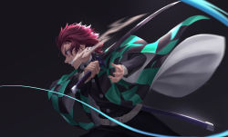 Rule 34 | 1boy, absurdres, belt, belt buckle, black jacket, buckle, earrings, from side, haori, highres, holding, holding sword, holding weapon, jacket, japanese clothes, jewelry, kamado tanjirou, katana, kimetsu no yaiba, long sleeves, male focus, profile, red eyes, red hair, scar, scar on face, scar on forehead, solo, sr33023302, sword, weapon