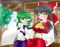 Rule 34 | 2girls, bare shoulders, blush, breast envy, breasts, detached sleeves, female focus, hakurei reimu, japanese clothes, kochiya sanae, large breasts, looking at breasts, miko, multiple girls, nature, outdoors, plant, sitting, sky, touhou
