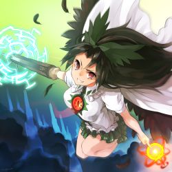 Rule 34 | 1girl, absurdres, arm cannon, black feathers, black hair, black wings, bow, breasts, cape, feathers, flying, green skirt, grin, hair bow, highres, legs up, light trail, long hair, looking at viewer, nuqura, powering up, red eyes, reiuji utsuho, shirt, short sleeves, skirt, smile, solo, thighs, third eye, touhou, tsurime, weapon, white shirt, wings