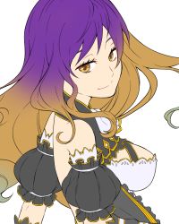 Rule 34 | 1girl, adapted costume, ascot, back, bare shoulders, breasts, brown hair, dress, eye contact, eyelashes, female focus, frilled dress, frills, hijiri byakuren, large breasts, long hair, looking at another, looking at viewer, looking back, lowres, purple hair, simple background, smile, solo, touhou, yellow eyes, yuuzii
